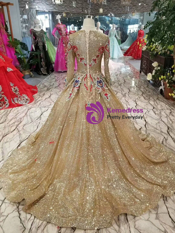 Champagne Gold Sequins Embroidery Long Sleeve Wedding Dress With Beading