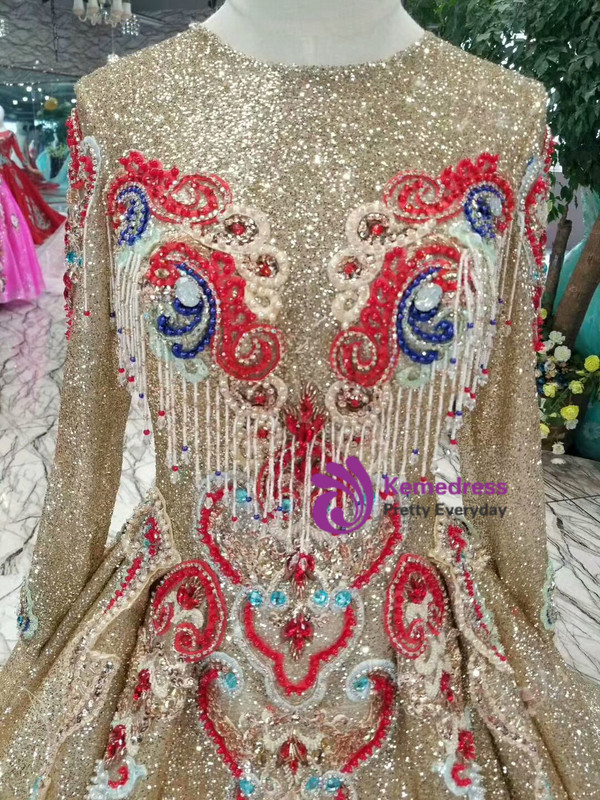 Champagne Gold Sequins Embroidery Long Sleeve Wedding Dress With Beading