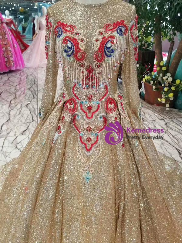 Champagne Gold Sequins Embroidery Long Sleeve Wedding Dress With Beading