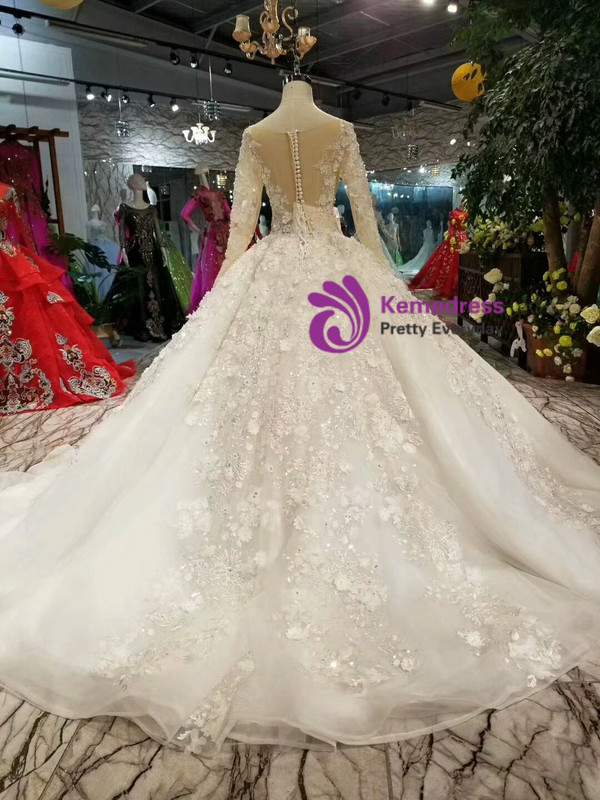 Light Champagne Tulle Appliques Long Sleeve Wedding Dress With Beading