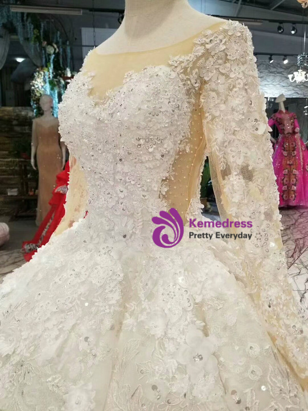 Light Champagne Tulle Appliques Long Sleeve Wedding Dress With Beading