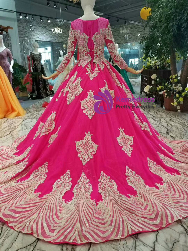 Fuchsia Tulle Champagne Lace Appliques Long Sleeve Wedding Dress