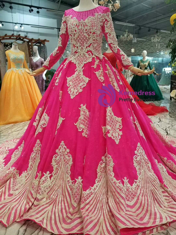 Fuchsia Tulle Champagne Lace Appliques Long Sleeve Wedding Dress