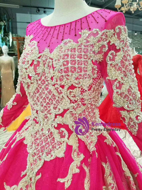 Fuchsia Tulle Champagne Lace Appliques Long Sleeve Wedding Dress