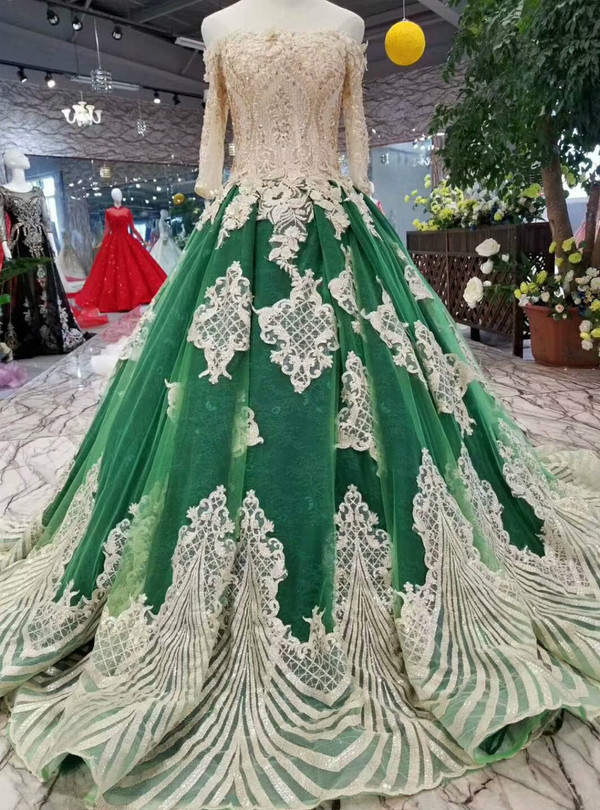 Green Tulle Champagne Lace Appliques Off The Shoulder Short Sleeve Wedding Dress