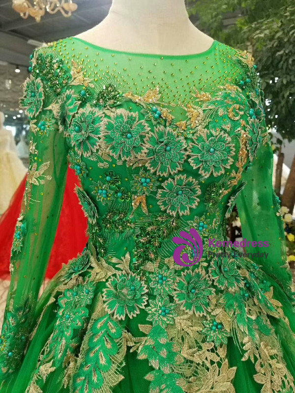 Green Ball Gown Tulle Appliques Embroidery Long Sleeve Wedding Dress