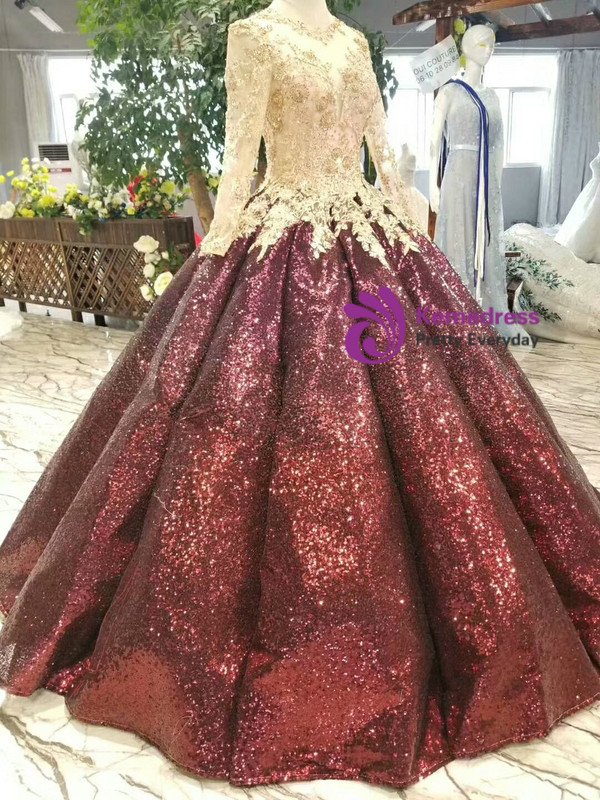Burgundy Sequins Champagne Lace Appliques Long Sleeve Wedding Dress