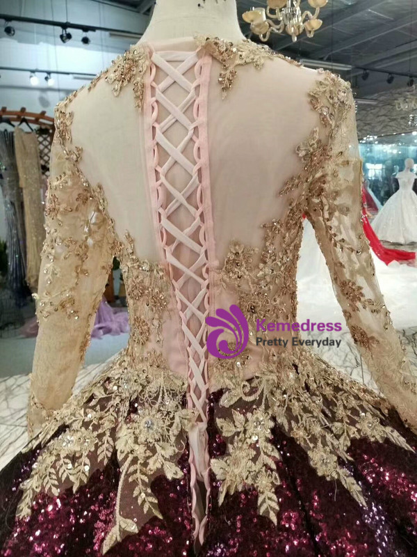 Burgundy Sequins Champagne Lace Appliques Long Sleeve Wedding Dress