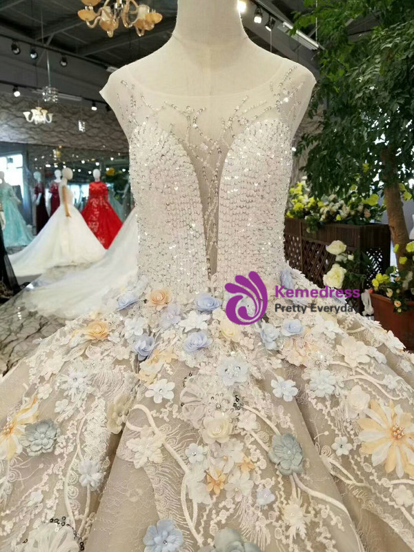 Champagne Ball Gown Lace Appliques See Trougth V-neck Wedding Dress With Beading