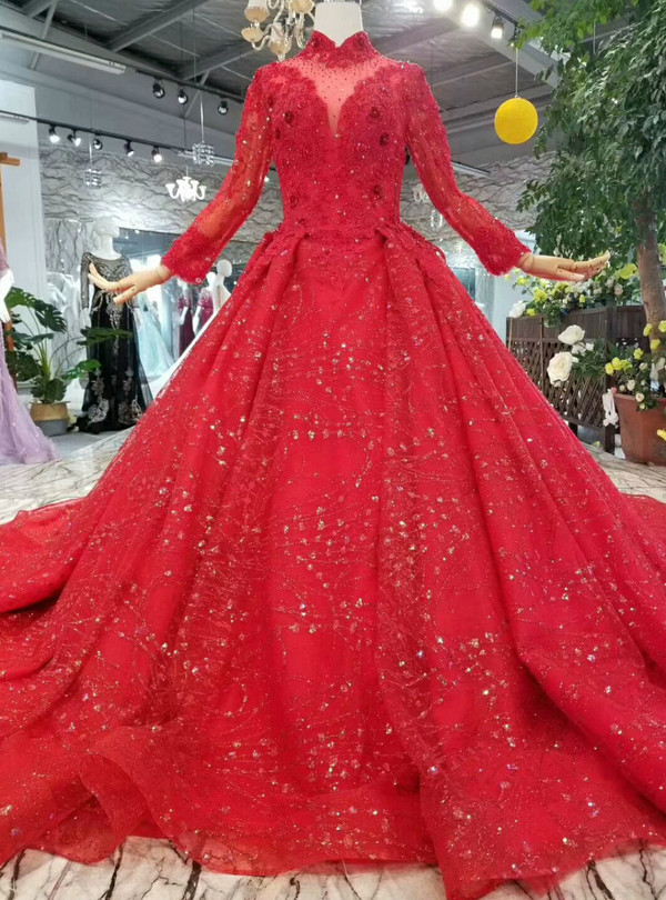 Red Ball Gown Lace Sequins High Neck Long Sleeve Beading Wedding Dress