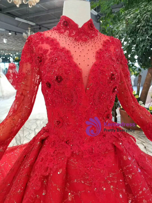 Red Ball Gown Lace Sequins High Neck Long Sleeve Beading Wedding Dress