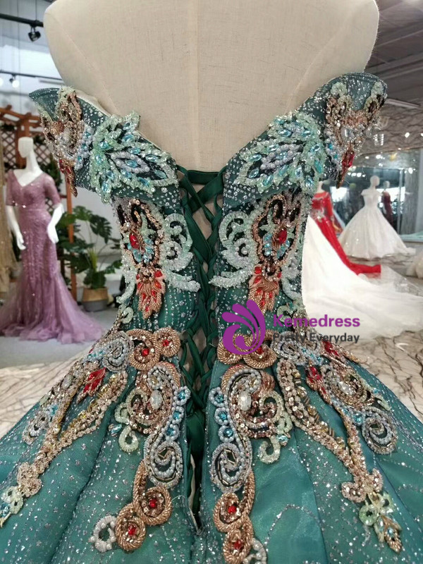 Green Ball Gown Sequins Bling Bling Off The Shoulder Beading Haute Couture Wedding Dress