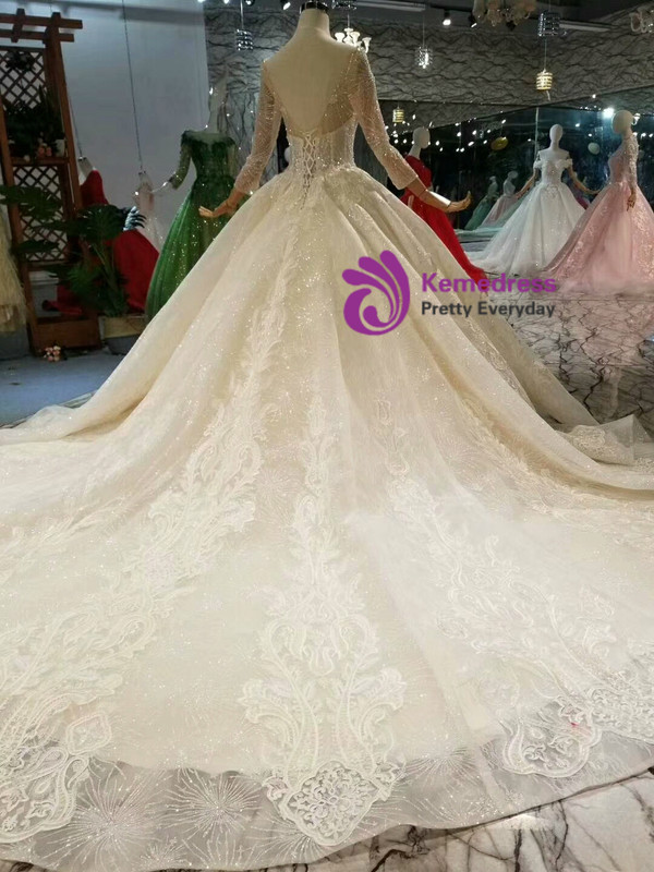 Light Champagne Square Neck Long Sleeve Sequins Lace Appliques Wedding Dress