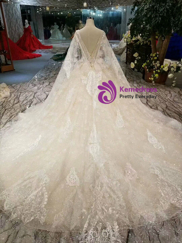 Light Champagne Square Tulle Sequins Beaing Backless Wedding Dress With Long Train