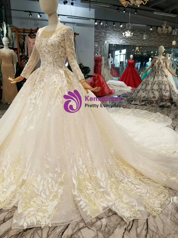 Champagne Tulle Sequins Long Sleeve Backless Appliques Wedding Dress With DetachableLong Train