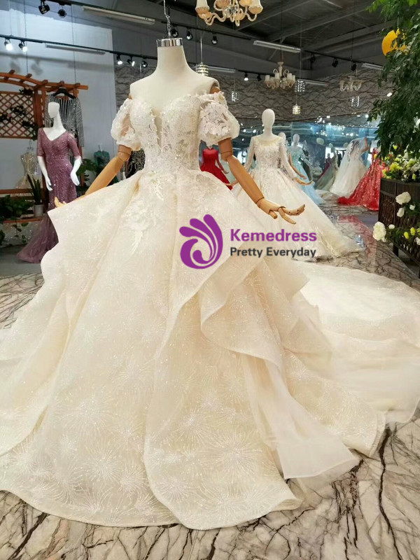 Champagne Sequins Off The Shoulder Puff Sleeve Appliques Wedding Dress With Long Train