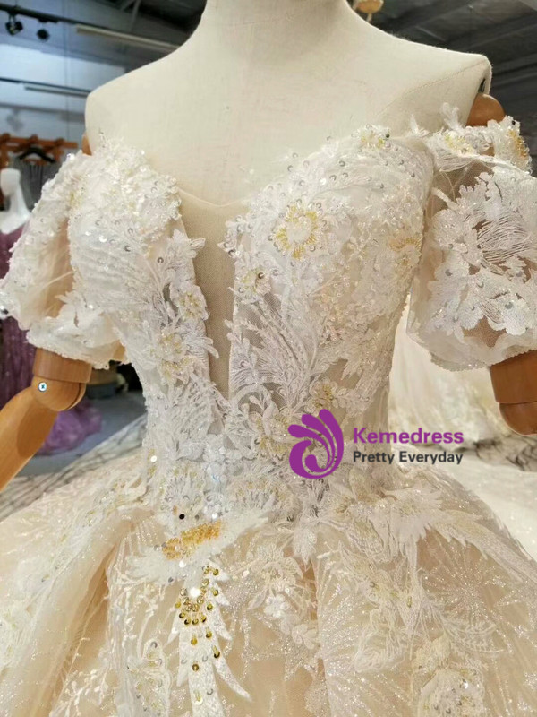 Champagne Sequins Off The Shoulder Puff Sleeve Appliques Wedding Dress With Long Train