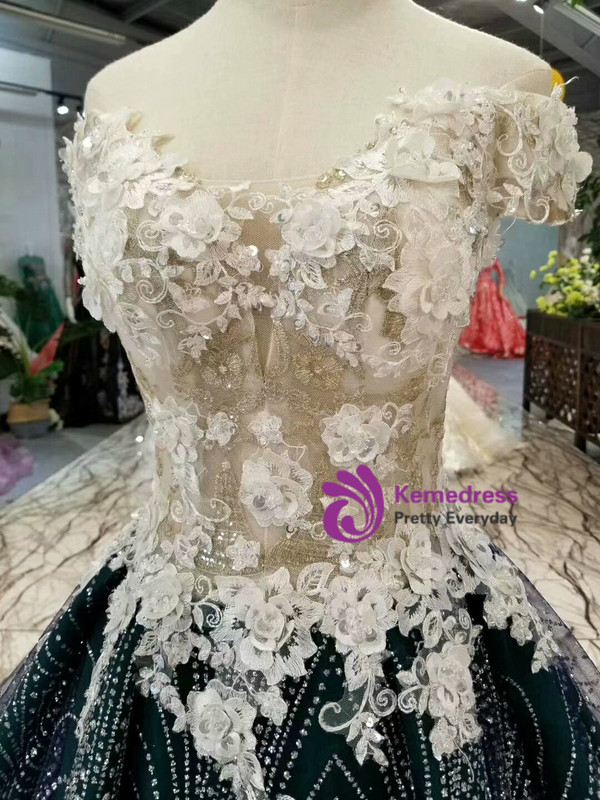 Dark Green Sequins White Appliques Off The Shoulder Wedding Dress