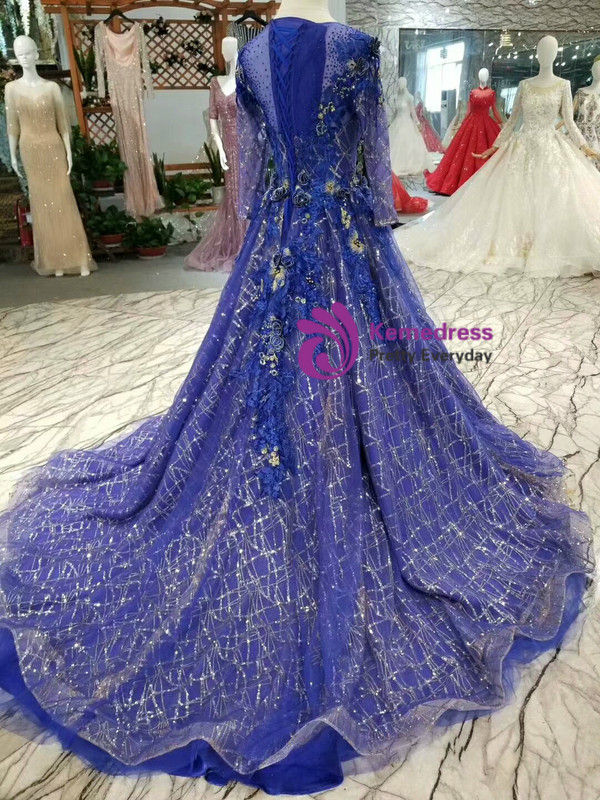 Royal Blue Sequins Bling Bling Long Seeve Appliques Beading Wedding Dress