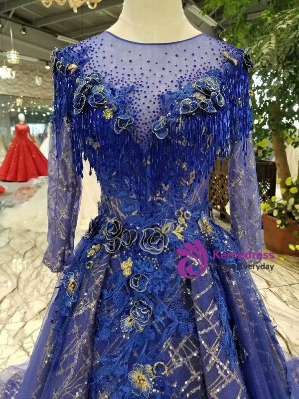 Royal Blue Sequins Bling Bling Long Seeve Appliques Beading Wedding Dress