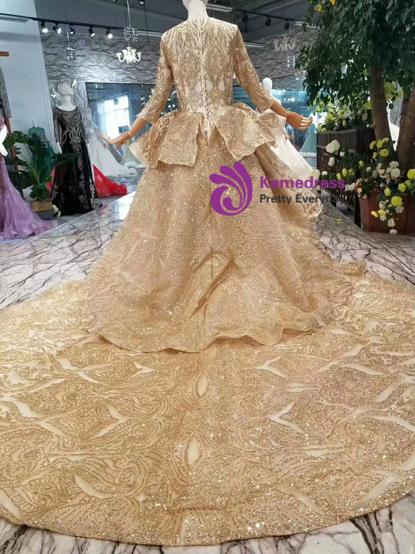 Champagne Gold Sequins Bling Bling 3/4 Sleeve Wedding Dress With Long Train