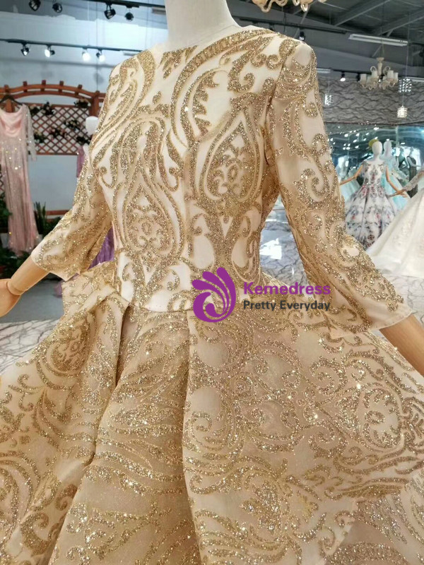 Champagne Gold Sequins Bling Bling 3/4 Sleeve Wedding Dress With Long Train