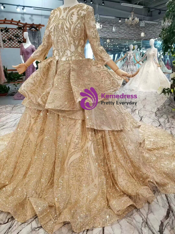 Champagne Gold Sequins Bling Bling 3/4 Sleeve Wedding Dress With Long Train