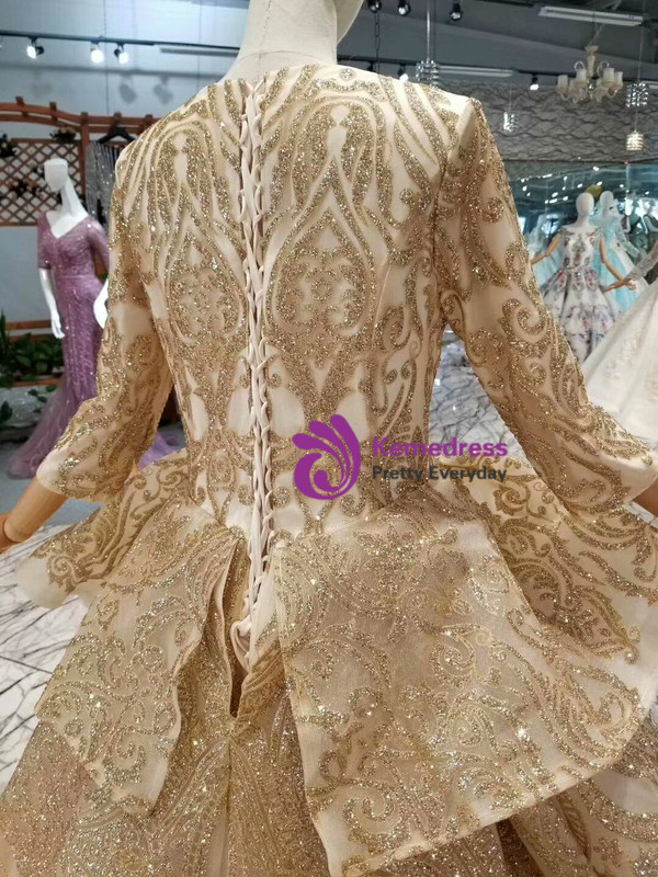 Champagne Gold Sequins Bling Bling 3/4 Sleeve Wedding Dress With Long Train
