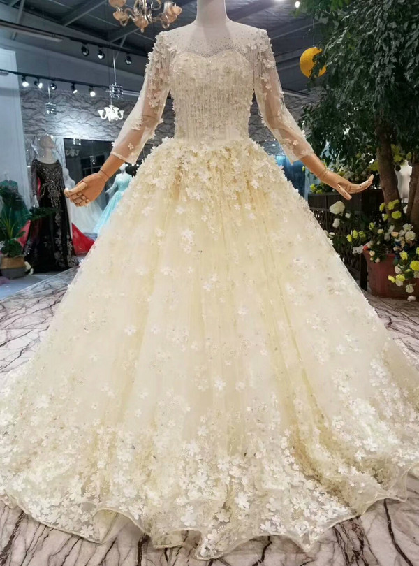 Light Champagne Tulle Appliques Long Sleeve Floor Length Wedding Dress
