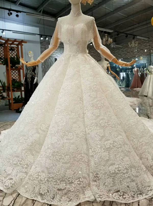 Ball Gown Lace High Neck Long Sleeve Wedding Dress With Long Train