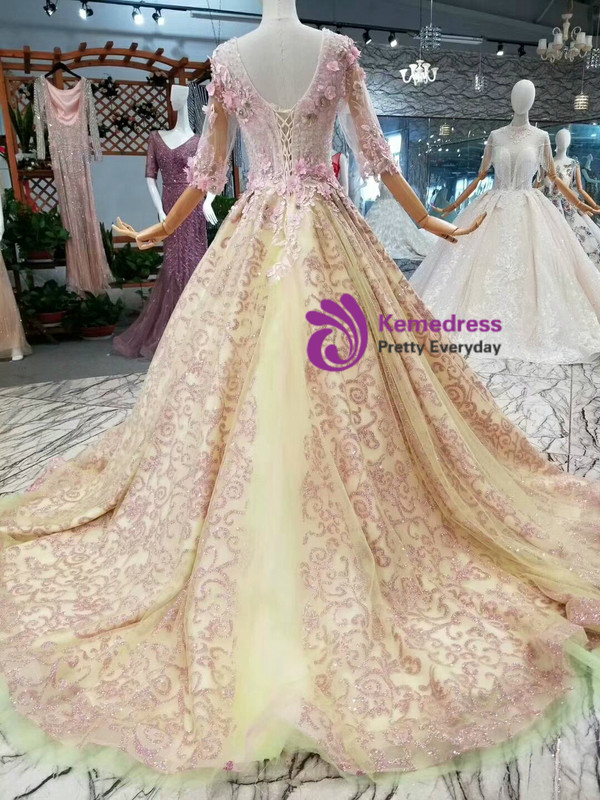 Pink Sequins Scoop Half Sleeve Appliques Wedding Dress With Beading