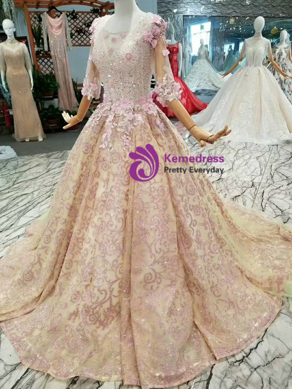 Pink Sequins Scoop Half Sleeve Appliques Wedding Dress With Beading