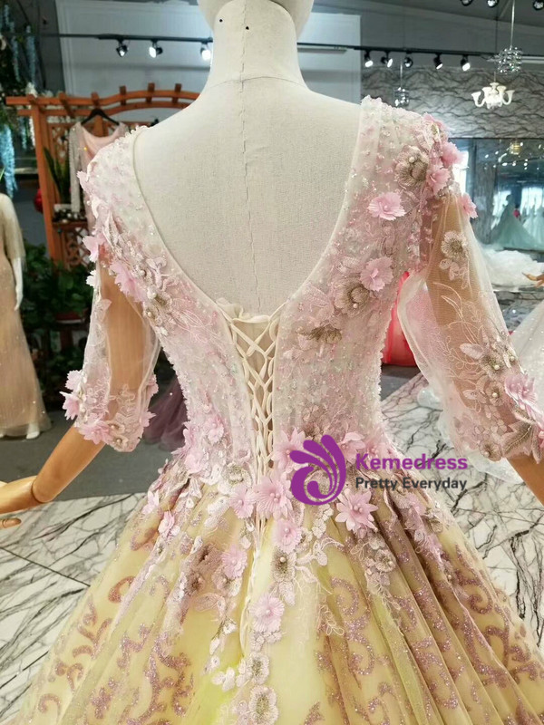 Pink Sequins Scoop Half Sleeve Appliques Wedding Dress With Beading