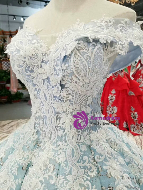 Blue Ball Gown Sequins White Lace Appliques Off The Shoulder Wedding Dress