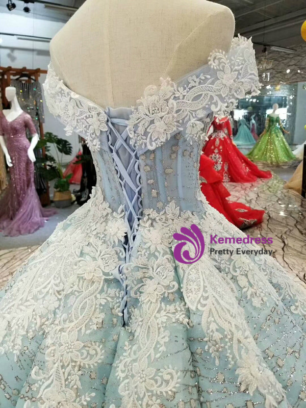 Blue Ball Gown Sequins White Lace Appliques Off The Shoulder Wedding Dress