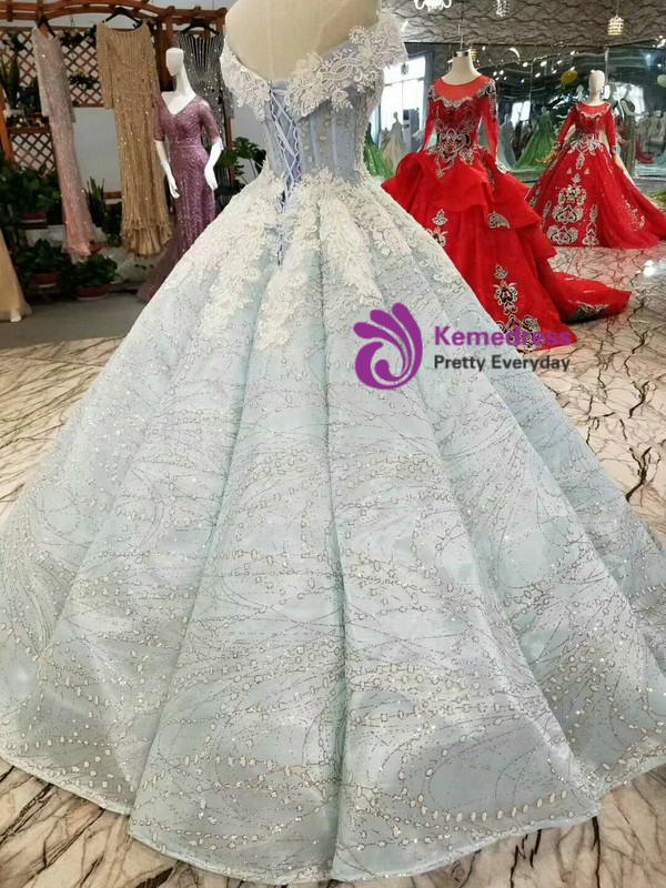 Blue Ball Gown Sequins White Lace Appliques Off The Shoulder Wedding Dress