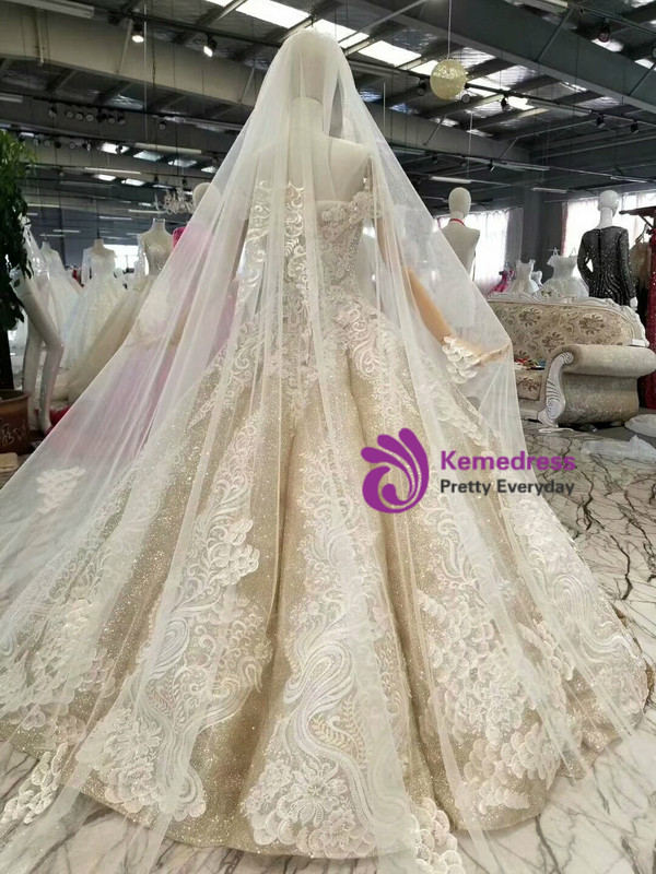 Gold Ball Gown Sequins Lace Appliques off The Shoulder Wedding Dress