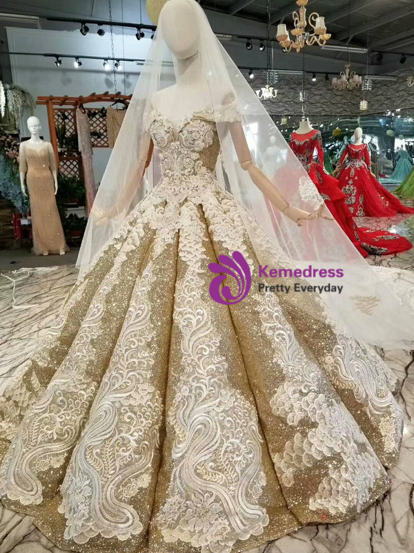 Gold Ball Gown Sequins Lace Appliques off The Shoulder Wedding Dress