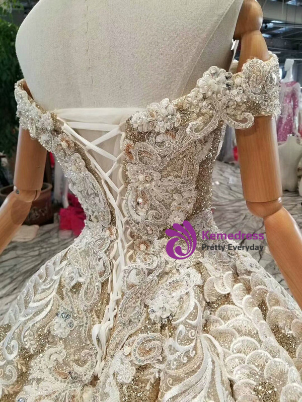 Gold Ball Gown Sequins Lace Appliques off The Shoulder Wedding Dress
