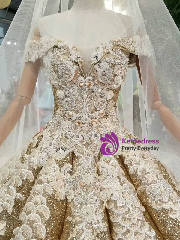 Gold Ball Gown Sequins Lace Appliques off The Shoulder Wedding Dress