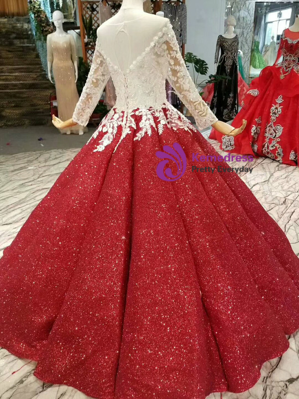 Red Ball Gown Sequins Long Sleeve Lace Appliques Wedding Dress