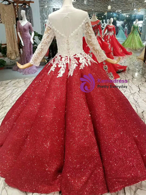 Red Ball Gown Sequins Long Sleeve Lace Appliques Wedding Dress
