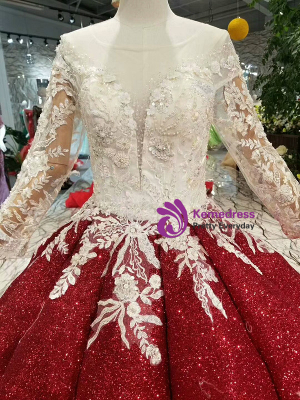 Red Ball Gown Sequins Long Sleeve Lace Appliques Wedding Dress