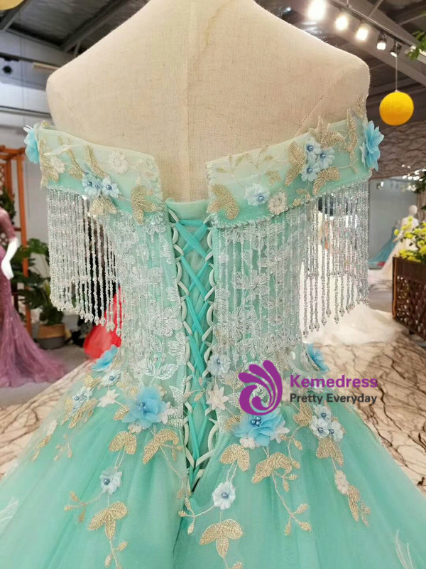 Green Ball Gown Tulle Appliques Off The Shoulder Wedding Dress With Beading