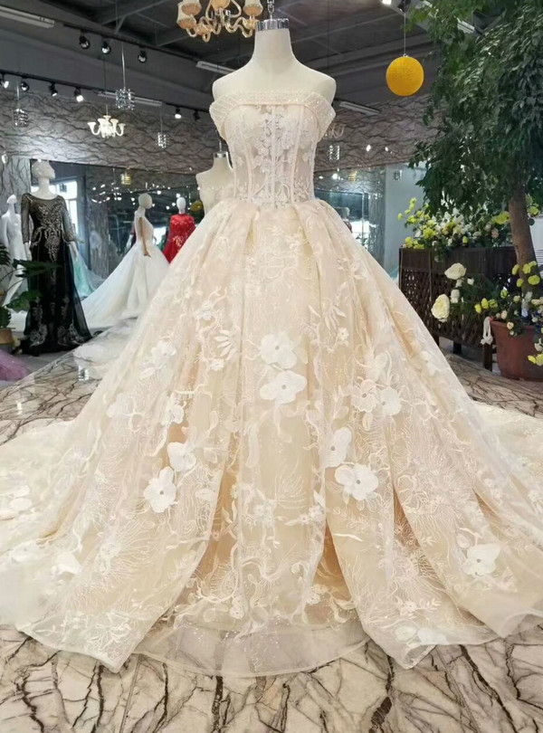 Champagne Ball Gown Lace Strapless Beading Wedding Dress With Train