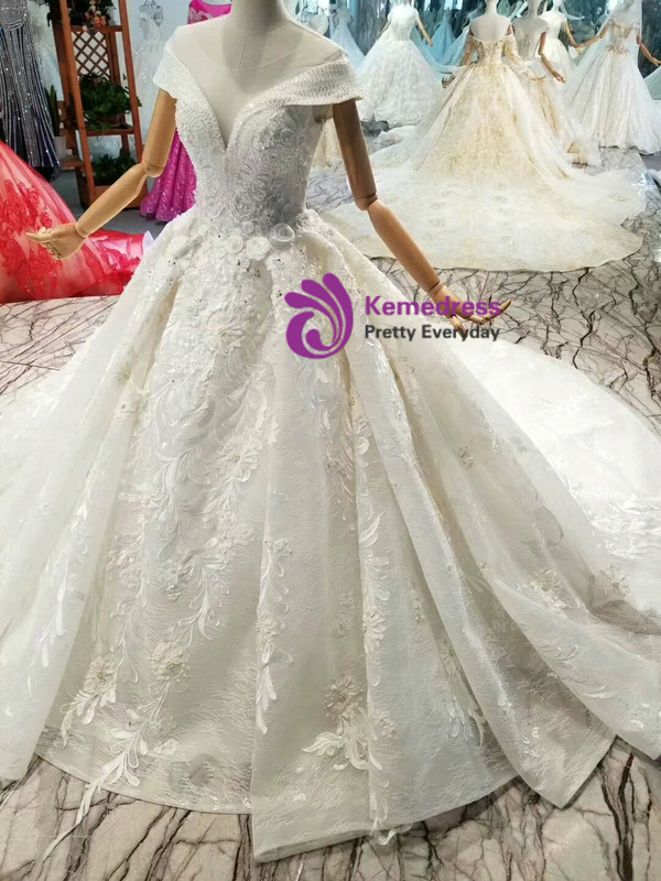 Ball Gown Lace Appliques Off The Shoulder Wedding Dress With Train