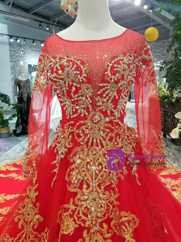 Red Ball Gown Tulle Gold Lace Appliques Long Sleeve Backless Wedding Dress With Train