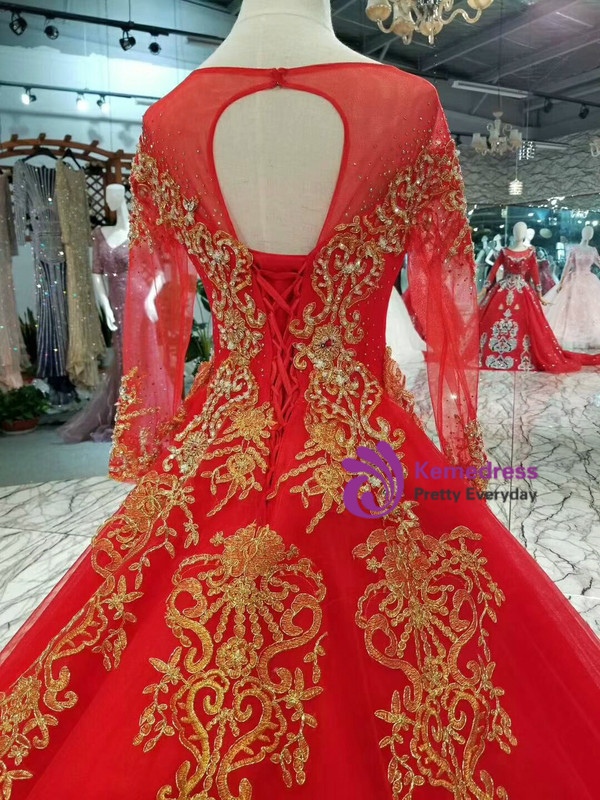 Red Ball Gown Tulle Gold Lace Appliques Long Sleeve Backless Wedding Dress With Train