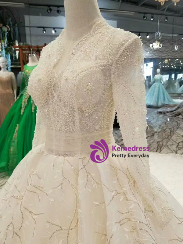 Ball Gown Tulle Lace Sequins V-neck Long Sleeve Wedding Dress With Long Train