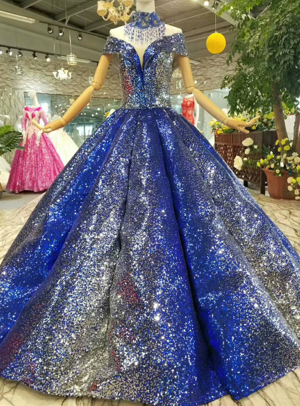 Ball Gown Blue Sequins Off The Shoulder Floor Length Wedding Dress